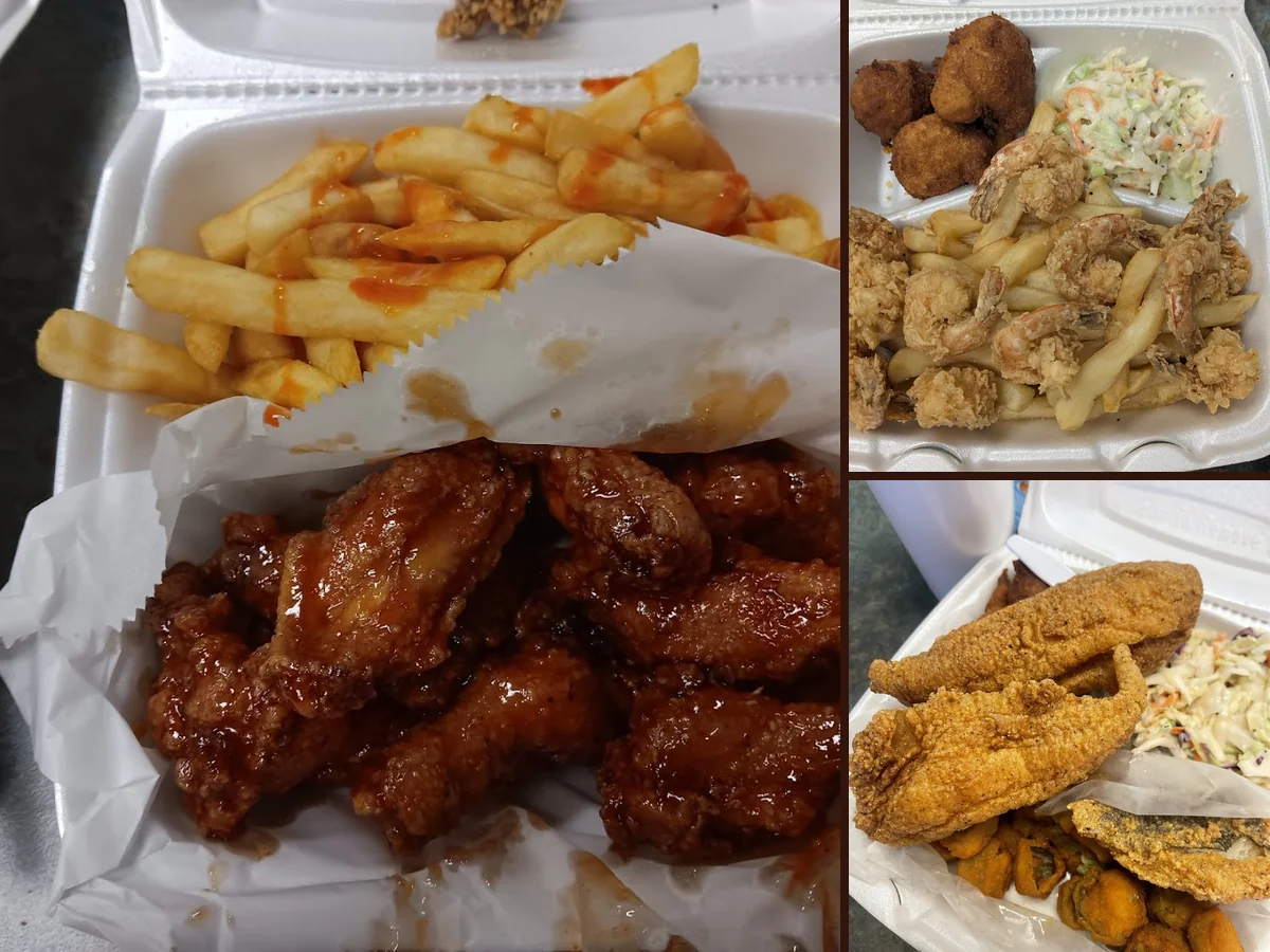 Assorted fried fish, slaw, and sides on trays.