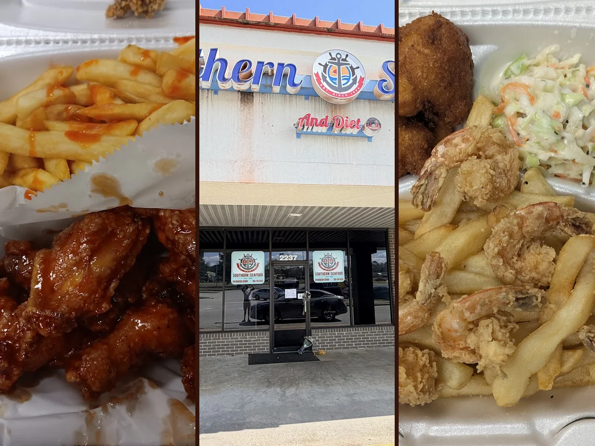 Plates of fried seafood beside classic sides.