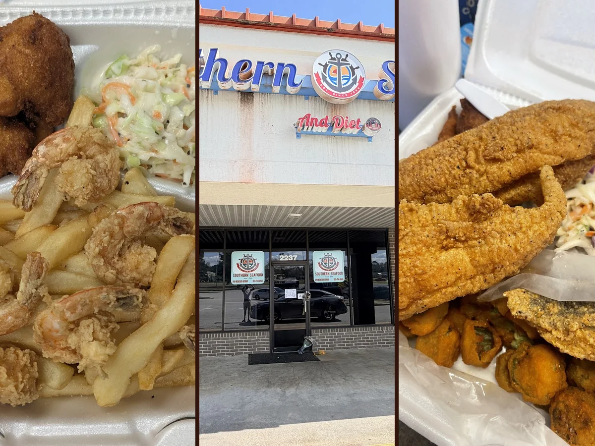 Plates of fried seafood beside classic sides.