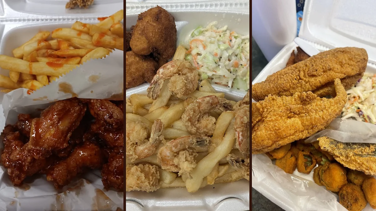 Plates of fried seafood beside classic sides.